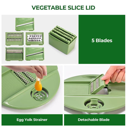 PUKOMC 5-in-1 Large Salad Spinner, with vegetable cutter, colander, bowl, and strainer.