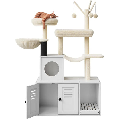 2 in 1 Cat Litter Box Enclosure with Modern Cat Tree Tower