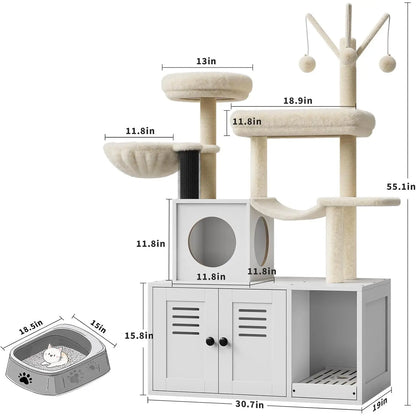 2 in 1 Cat Litter Box Enclosure with Modern Cat Tree Tower