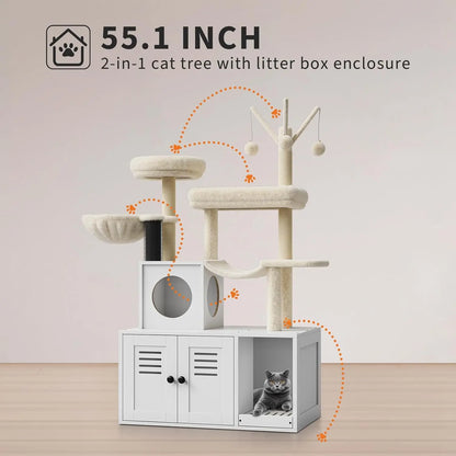 2 in 1 Cat Litter Box Enclosure with Modern Cat Tree Tower