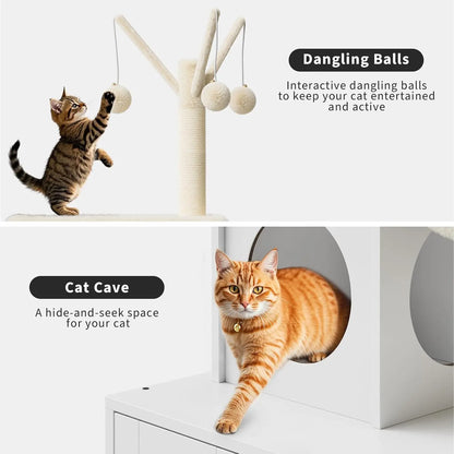 2 in 1 Cat Litter Box Enclosure with Modern Cat Tree Tower