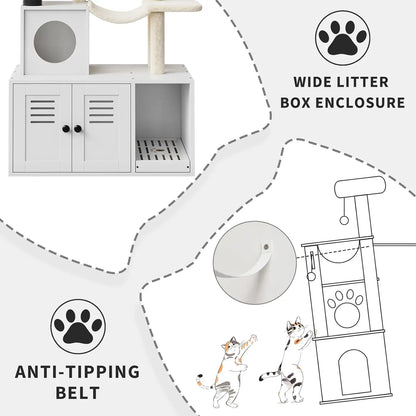 2 in 1 Cat Litter Box Enclosure with Modern Cat Tree Tower