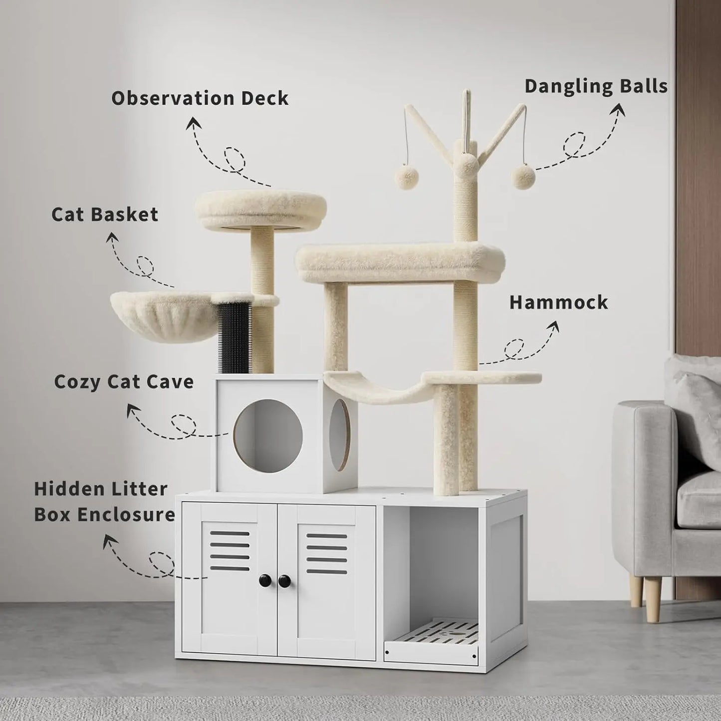 2 in 1 Cat Litter Box Enclosure with Modern Cat Tree Tower