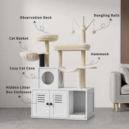 2 in 1 Cat Litter Box Enclosure with Modern Cat Tree Tower