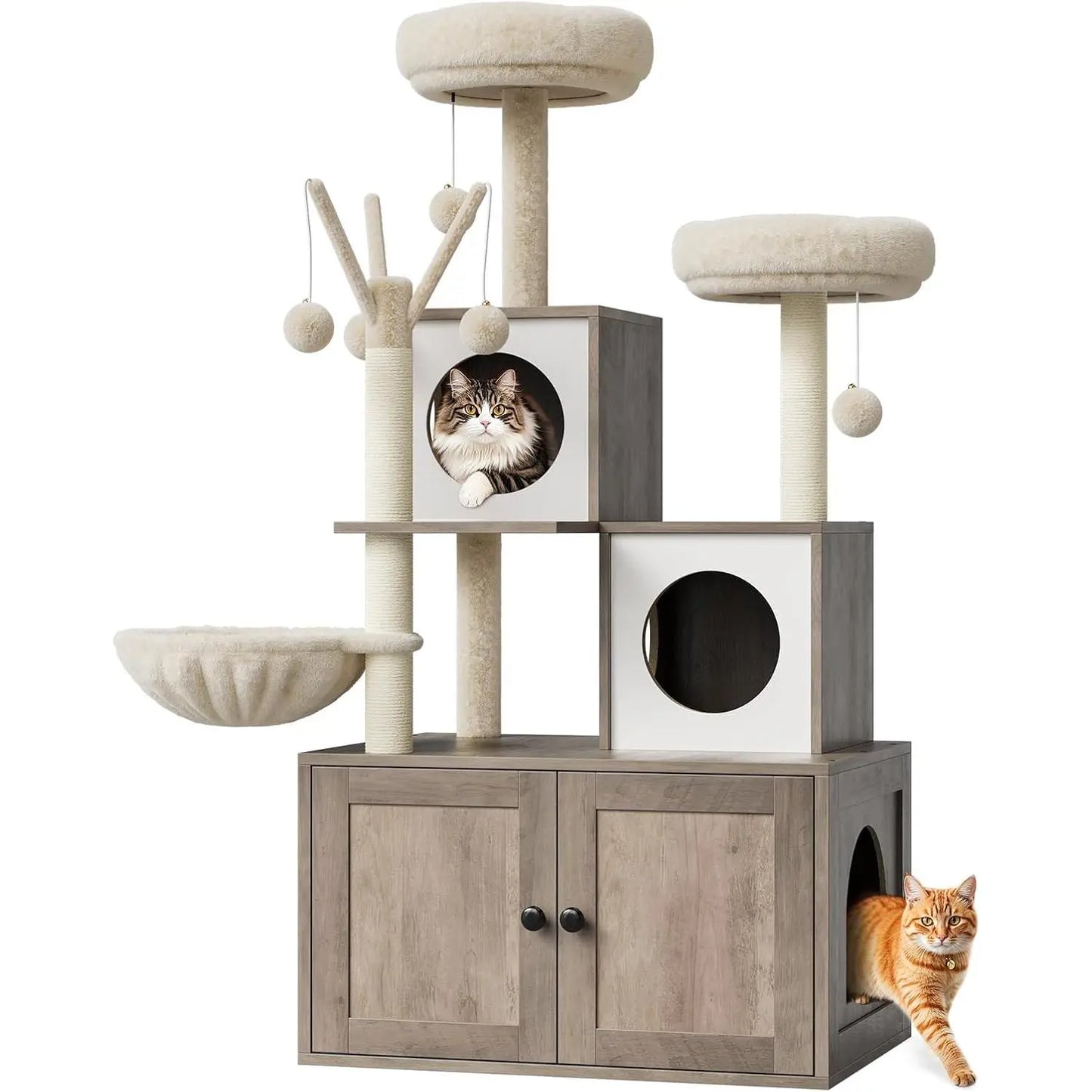 2 in 1 Cat Litter Box Enclosure with Modern Cat Tree Tower
